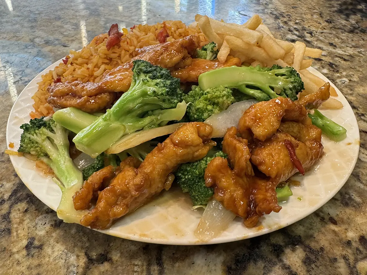 Honey chicken with rice and fries at Casa China, a Chinese Restaurant in Sanford