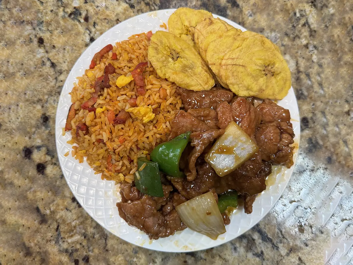 Pepper beef with rice and plantain chips at Casa China, a Chinese Restaurant in Sanford