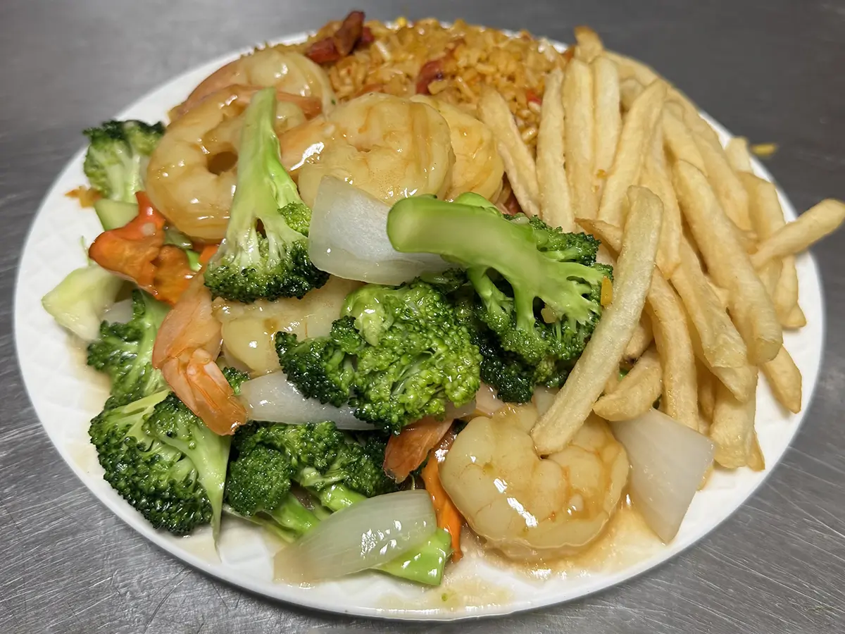 Stir fried shrimp with rice and fries at Casa China, a Chinese Restaurant in Sanford